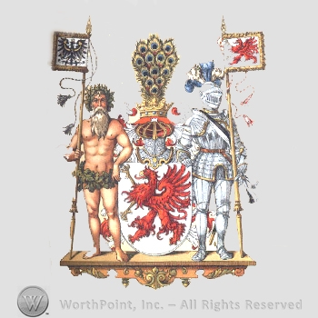 Heraldry: peacock feathers, crown, helmet, naked men, knight in armour, flags with eagles, griffin, shield, pedestal.