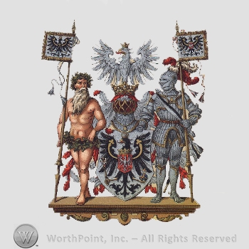 Heraldry: eagle with crown, imperial crown, naked men, knight in armour, shield, eagle, flags, pedestal.
