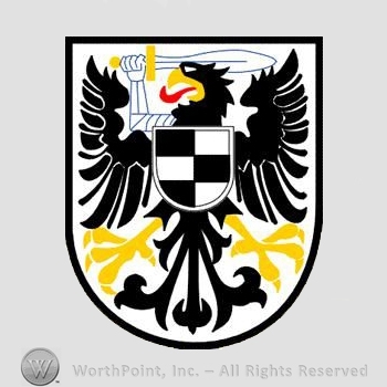 Heraldry: eagle with sword, small shield, shield.