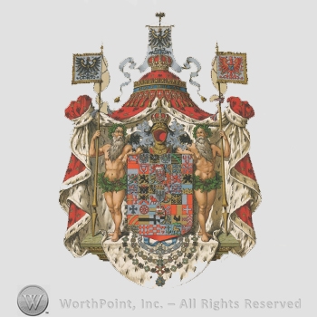 Heraldry: three flags, imperial crown, red canvas, helmet, two naked men with beard, shield, necklaces with pendant, lions, eagles, maltese cross, cock, stag, wheel, keys, horse.