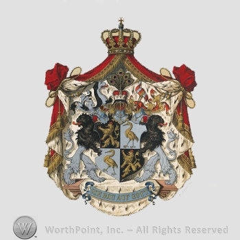 Heraldry: imperial crown, red canvas, peacock feathers, dog, stork, two lions, helmets, words, ribbon, pedestal.