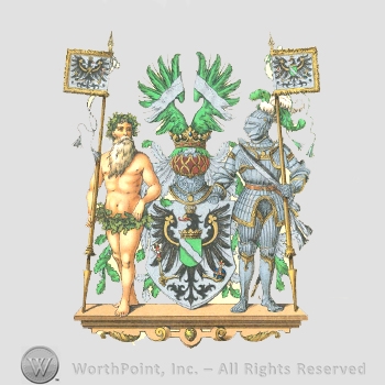 Heraldry: naked men holding flag, green wings, crown, knight in armour holding flag, shield, eagle, sceptre.