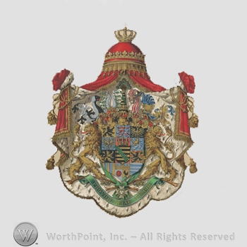 Heraldry: crown, red canvas, two lions, dog, helmets, peacock feathers, words, ribbon, lion rampant, cinquefoils, cock, shield, cross.