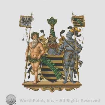 Heraldry: naked men, knight in armour, flags, crown, peacock feathers, shield, ring and crown shape,, pedestal.