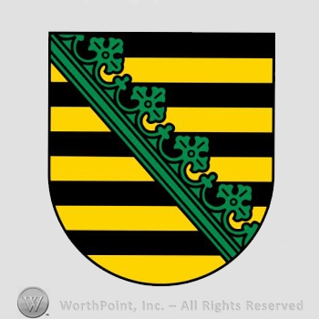 Heraldry: yellow and black bars, ring and crown bar, shield.