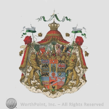 Heraldry: crown, red canvas, flags, lions, bull head, griffin, peacock feathers, men wit beard, shield, horse, cinquefoils, cock, lion rampant.