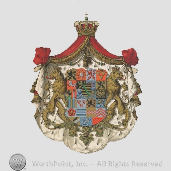 Heraldry: imperial crown, red canvas, two lions wearing crowns, shield, cinquefoils, cock, lion rampant, three hearts, horse.
