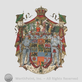 Heraldry: imperial crown, red canvas, flags, griffin, woman and men, helmets, knights in armour, shield, lion rampant, cinquefoils, small shield, ring and crown bar, cross, pedestal.