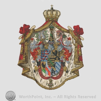 Heraldry: imperial crown, red canvas, men with beard, peacock feathers, shield, lion rampant, cock, small shield, ring and crown bar, cross, words, ribbon.