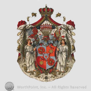 Heraldry: imperial crown, red canvas, two women holding shield, wings, shield, leaves, cross, stars, cinquefoils.