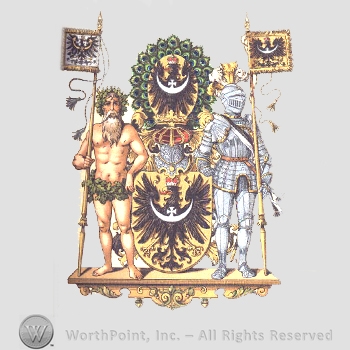 Heraldry: flags, eagles, crescent with maltese cross, shield, naked men, knight in armour, peacock feathers, pedestal.