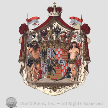 Heraldry: imperial crown, red canvas, man and woman naked, flags, shield, eagles, peacock feathers, lion, fork, lion rampant, soldier with sword, stag, chequered field.