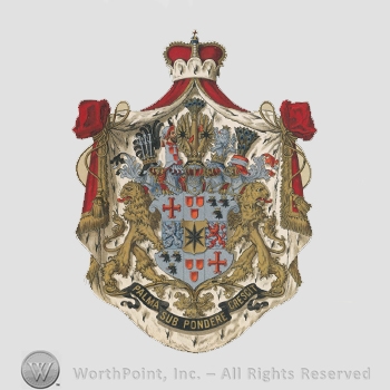 Heraldry: crown, red canvas, men with beard, column, pecock feathers, imperial lion, shield, cross, black star, lion rampant, large lions, words, ribbon.