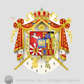 Heraldry: crown, red and white mantle, sceptre, star, shield, horse, lion rampant, crown and cross, golden eagle.