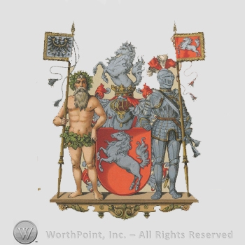 Heraldry: two horses, crown, shield, knight in armour, naked men, flags, pedestal.