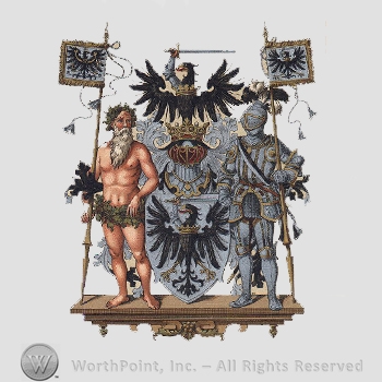 Heraldry: eagle, arm holding a sword, crown, eagle inside shield, knight in armour, flags, men with no clothes, pedestal.