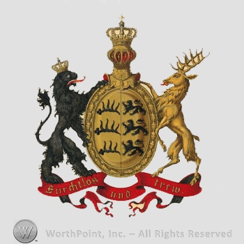 Heraldry: imperial crown, helmet, lion with crown, stag, shield, three small lions, ribbon.