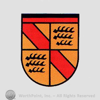 Heraldry: shield, three antlers, red bar.