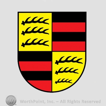 Heraldry: shield, three antlers, red and black bars.