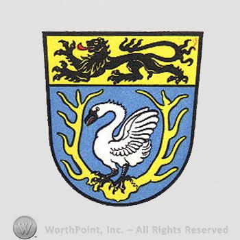 Heraldry: shield, lion, swan, antlers.