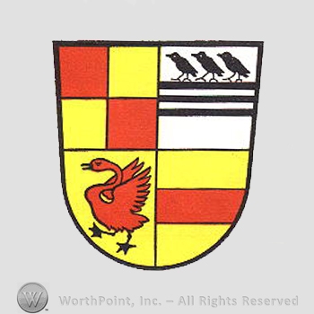 Heraldry: shield, swan, three birds, red bar, yellow and red square.