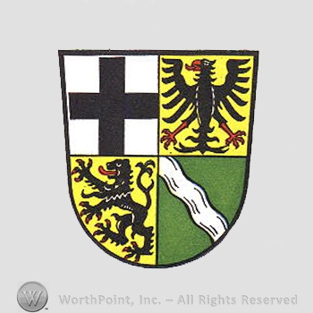 Heraldry: shield, eagle, lion rampant, waving line.