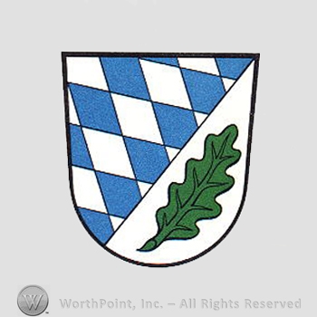 Heraldry: shield, oak leaf, diamonds pattern.