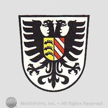 Heraldry: shield, two head's eagle, red and white bars, three antlers.