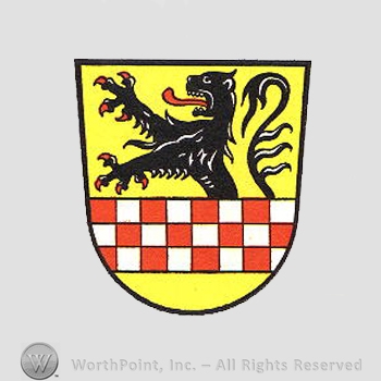 Heraldry: lion rampant, red and white pattern, shield.