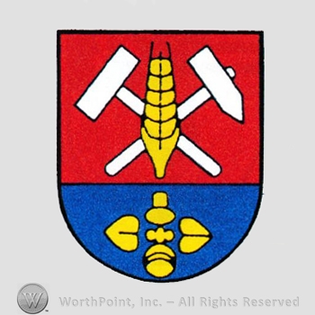 Heraldry: shield, two hammers, wheat ear and two heart symbols.