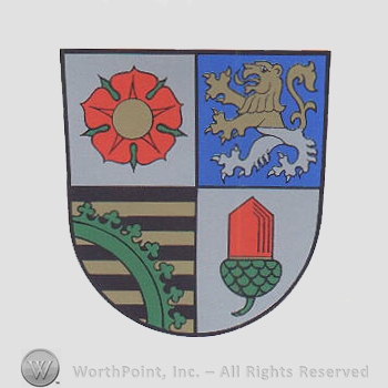 Heraldry: shield, cinquefoils, lion rampant, ring and cross shape, acorn, blac and brown bars.