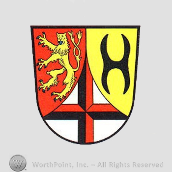 Heraldry: lion, cross, shield, antlers, shield.
