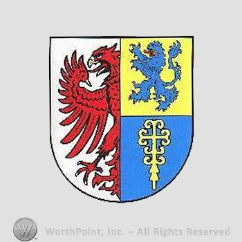 Heraldry: eagle, lion rampant, key, shield.