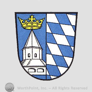 Heraldry: shield, crown, castle, blue and white pattern.