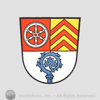 Heraldry: shield, wheel, sceptre, red bars.