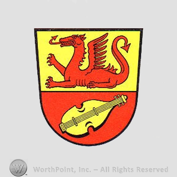 Heraldry: shield, dragon, violin.