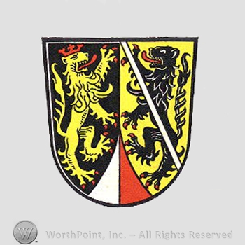 Heraldry: shield, lions, red and white tringle.