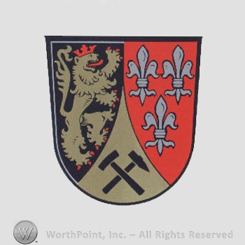 Heraldry: shield, lion rampant, hammers, fleur-de-lis.