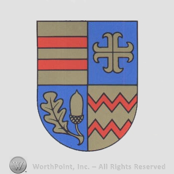 Heraldry: shield, red bars, waving lines, oak leaf and acorn, anchor cross.