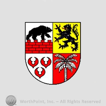 Heraldry: shield, bear, lion rampant, crescent, palm, castle walls.