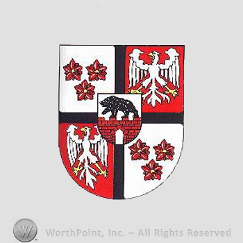Heraldry: shield, cinquefoils, eagles, bear inside a shield, castle walls.