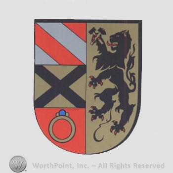 Heraldry: shield, lion holding hammers, ring, black bars crossed, gray bar.
