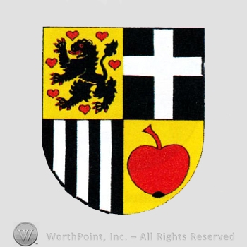 Heraldry: shield, cross, apple, white and black lines, lion rampant, small hearts.