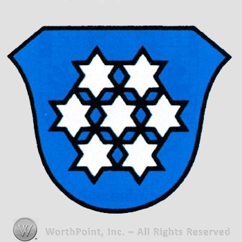 Heraldry: shield and white stars.