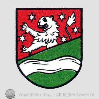 Heraldry: shield, lion, stars, river.