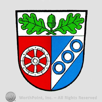 Heraldry: shield, wheel, oak leaves, three circles.