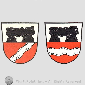 Heraldry: shield, stones, rivers.
