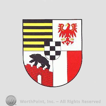 Heraldry: shield, eagle, bear, black and yellow lines, red and white bars, castle walls.