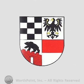 Heraldry: shield, eagle, bear, castle walls, white and black pattern.