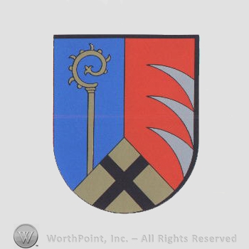 Heraldry: shield, crosier, crossed lines, dents.
